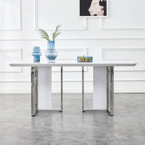 White Dining Table, 67" Rectangular MDF Table with Marble Texture Finish for Dining Room Kitchen Office