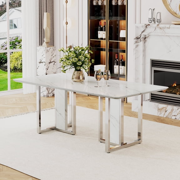 White Dining Table, 78.7" Rectangular MDF Table with Marble Texture Finish for Dining Room Kitchen