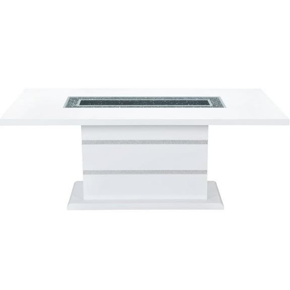 White Dining Table - Contemporary Chic With Glittering Accents, , Glass And Acrylic Formed, Silver Finish, Rectangular, Pedestal Base, High Gloss Finish Style Composition, Glossy Texture