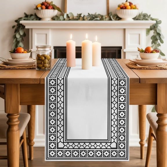 White Dining Table Runner, Boho Diamond Pattern Border Rustic Southwestern Washable Table Runners Kitchen Coffee Table Center Decor for Home Party Holiday Wedding 13 x 48 Inches