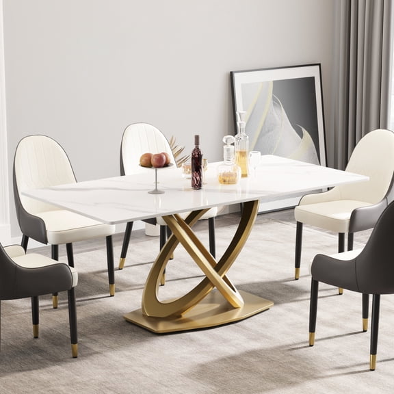 White Dining Table for Family | Fits 6 - 8 Diners | Sintered Stone and Stainless Steel Design | Scratch - free Surface