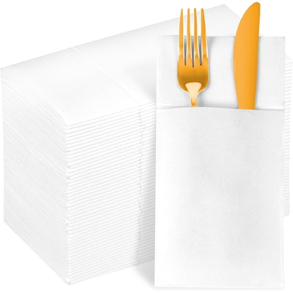 White Dinner Napkins Disposable Cloth Like Paper Napkins Folded with Pocket 100 Pack Guest Hand Towels for Party Decoration, Wedding Reception, Bathroom, Kitchen (16.5 x 16.5 inch)