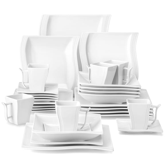 White Dinnerware Sets  30-piece Porcelain Plates And Modern Dish Set For 6 Square Kitchen Dishwarewave Dishwasher Safe Series Flora
