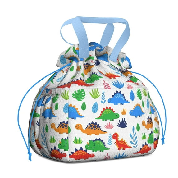 White Dinosaur Leaf Pattern Drawstring Lunch Bag Women - Drawstring Lunch Bag Insulated for Work Office - Stain-Resistant Large Lunchbags for Women with Multi-Pockets