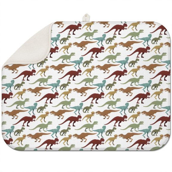 White Dinosaur Silhouette Pattern Dish Drying Mat for Kitchen 1 Pack, Ultra Absorbent Microfiber Dishes Drainer Mats,18"x24"