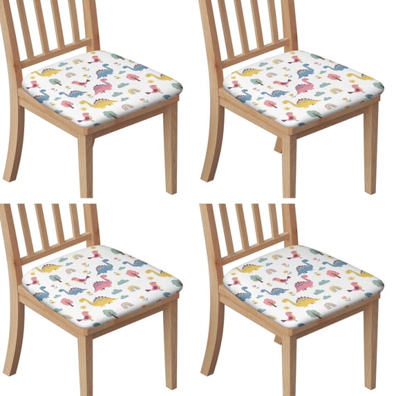 White Dinosaurs Birds Rainbows Pattern Seat Covers for Dining Room Chairs Set Of 4,Stretch Printed Washable Chair Seat Cover with Elastic Ties and Button,Removable Waterproof Couch Cushion Covers