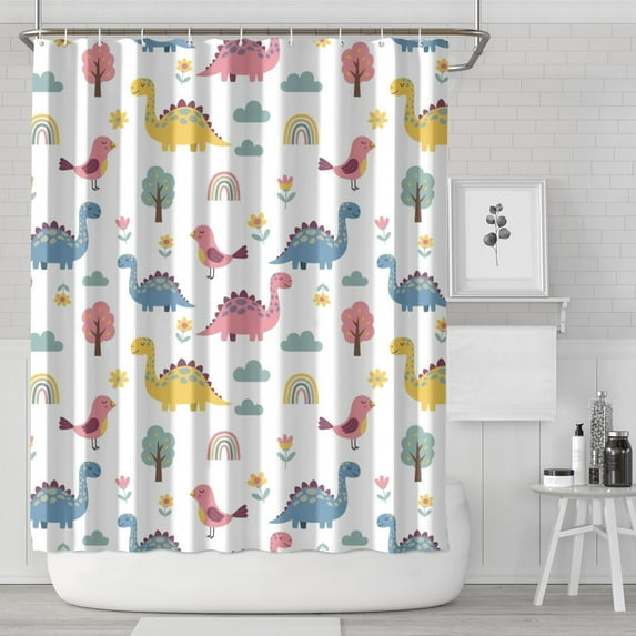 White Dinosaurs Birds Rainbows Pattern Shower Curtain 72"x84" ,Bathroom Decorative Shower Curtains Set with 12 Hooks,Modern Waterproof Washable Shower Curtain