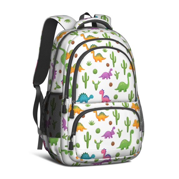 White Dinosaurs Cacti Pattern Cute School Backpack Bag with Padded Back and Adjustable Shoulder Straps 16.9 X 12.6 X 5.9 Inches