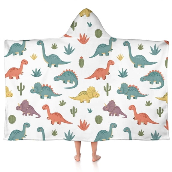 White Dinosaurs Cacti Plants Pattern Hooded Bath Towel,50"x30" for Ages 3 To 12 Kids, Quick Dry Lightweight Soft Microfiber Hood Beach Towel Cover Up for Kids