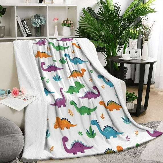 White Dinosaurs Colorful Leaves Pattern Blanket,Comfortable Soft Flannel Throw Blanket,All Season,Warm Lightweight Blankets for Sofa Bed Couch Living Room Chair,50"x60"