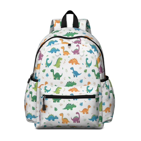 White Dinosaurs Colorful Leaves Pattern Cute School Backpack with Padded Back and Adjustable Shoulder Straps 13.4"x11"x4.7"