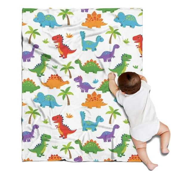 White Dinosaurs Colorful Species Palms Pattern Blanket,Comfortable Soft Flannel Throw Blanket,All Season,Warm Lightweight Blankets for Sofa Bed Couch Living Room Chair,30"x40"