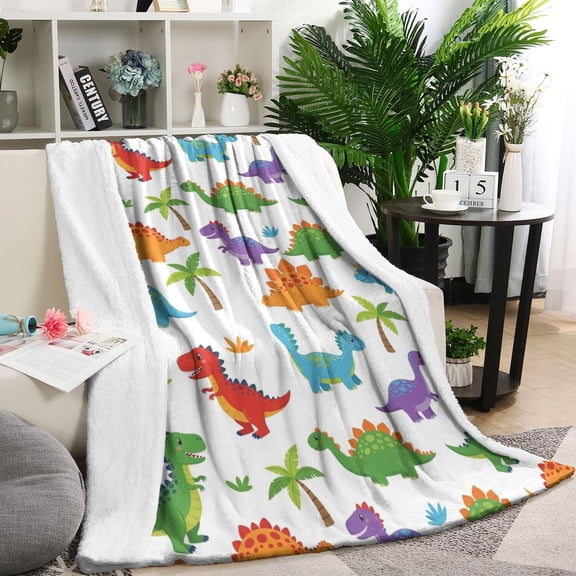 White Dinosaurs Colorful Species Palms Pattern Blanket,Comfortable Soft Lamb Wool Throw Blanket,All Season,Warm Lightweight Blankets for Sofa Bed Couch Living Room Chair,60"x80"