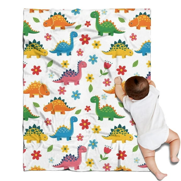 White Dinosaurs Flowers Pattern Blanket,Comfortable Soft Lamb Wool Throw Blanket,All Season,Warm Lightweight Blankets for Sofa Bed Couch Living Room Chair,30"x40"