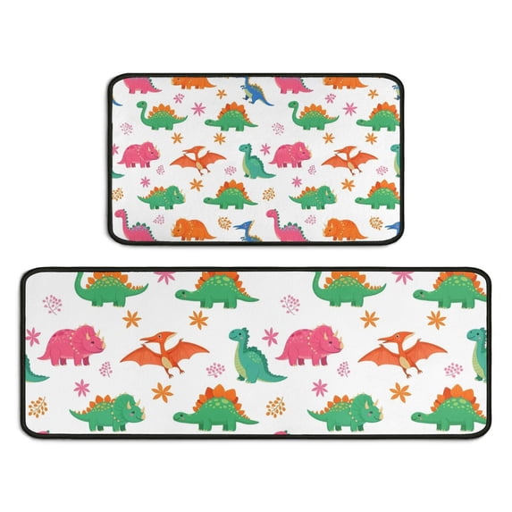 White Dinosaurs Flowers Pattern Kitchen Rugs Sets Of 2,Anti Fatigue Kitchen Mat Rugs Non Slip Washable,Decorative Kitchen Floor Mats for Kitchen,Sink,Laundry,17"X30"+17"X47"