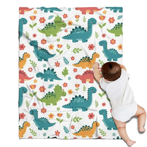 White Dinosaurs Flowers Plants Pattern Blanket,Comfortable Soft Lamb Wool Throw Blanket,All Season,Warm Lightweight Blankets for Sofa Bed Couch Living Room Chair,30"x40"