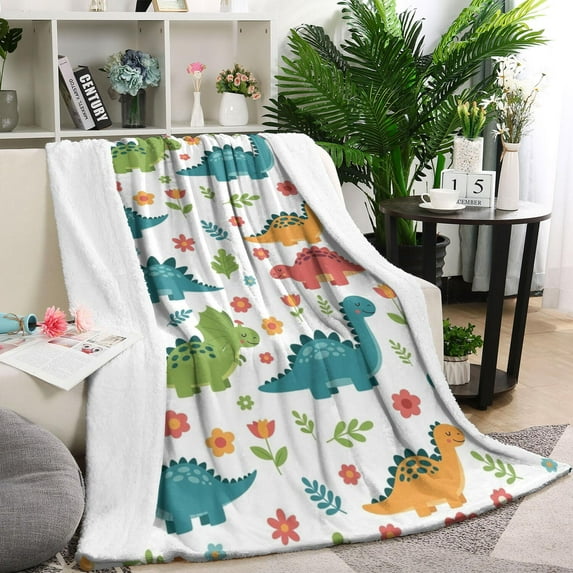 White Dinosaurs Flowers Plants Pattern Blanket,Comfortable Soft Lamb Wool Throw Blanket,All Season,Warm Lightweight Blankets for Sofa Bed Couch Living Room Chair,40"x50"