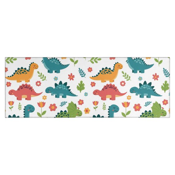 White Dinosaurs Flowers Plants Pattern Kitchen Rug Mat,Kitchen Runner Rugs Non Skid Washable,Decorative Kitchen Floor Mats for Kitchen,Sink,Laundry,17"X47"