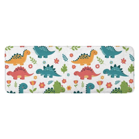 White Dinosaurs Flowers Plants Pattern Kitchen Rug Mat,Kitchen Runner Rugs Non Skid Washable,Decorative Kitchen Floor Mats for Kitchen,Sink,Laundry,17"x47.2"