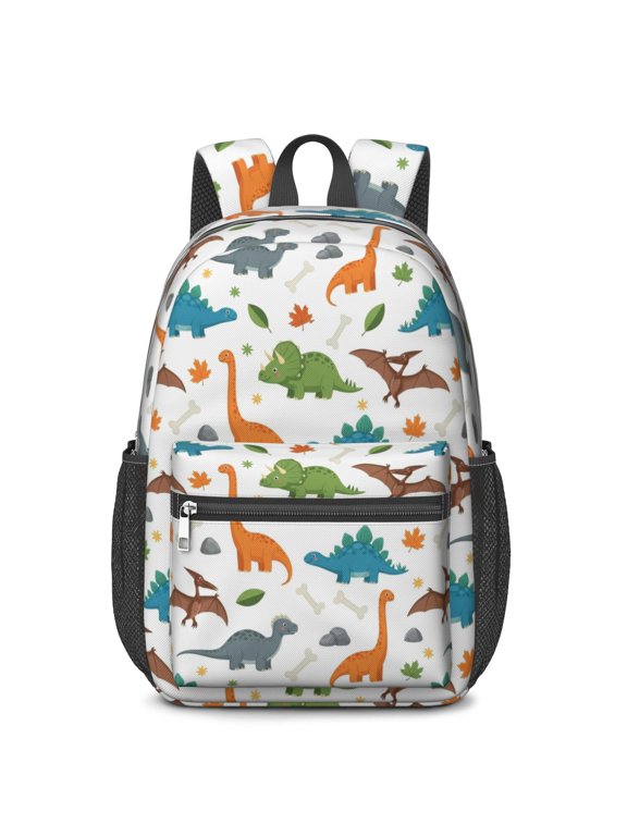 White Dinosaurs Fossils Plants Pattern 17" Waterproof Oxford School Backpacks for Teens, S-Shape Padded Straps, for School, Travel, Hiking, Camping