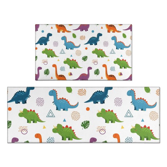 White Dinosaurs Geometric Leaves Pattern Kitchen Rugs Sets Of 2,Anti Fatigue Kitchen Mat Rugs Non Slip Washable,Decorative Kitchen Floor Mats for Kitchen,Sink,Laundry,17"x30"+17"x47"