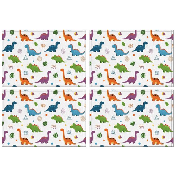 White Dinosaurs Geometric Leaves Pattern Summer Placemats Table Placemats Set Of 4-Linen Kitchen Washable Placemats Table Mats 11.8"x17.7" Non-Slip Heat Resistant
