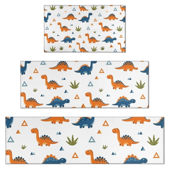 White Dinosaurs Geometric Plants Pattern Kitchen Rugs Sets Of 3,Kitchen Runner Rugs Non Skid Washable,Decorative Kitchen Floor Mats for Kitchen,Sink,Laundry,17"x30"+ 17"x47" + 17"x59"