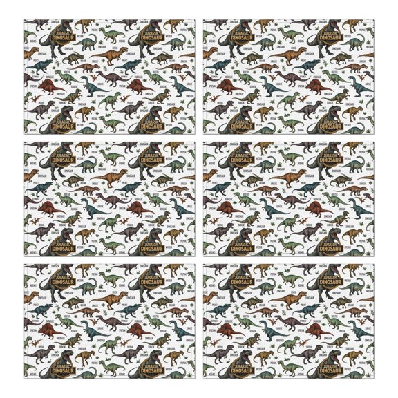 White Dinosaurs Label Pattern Summer Placemats Table Placemats Set Of 6-Linen Kitchen Washable Placemats Table Mats 11.8"x17.7" Non-Slip Heat Resistant