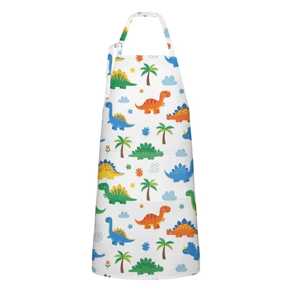 White Dinosaurs Palms Clouds Pattern Apron-Garden Aprons for Women with Pockets-Cotton Linen Waterproof Kitchen Cooking Gardening Aprons Adjustable for Kitchen,Cooking,BBQ and Salon 33x27 Inch