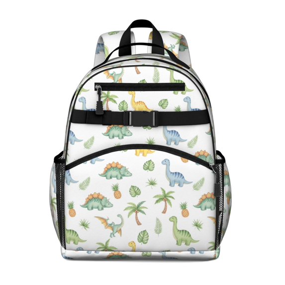 White Dinosaurs Palms Pineapples Pattern Cute School Backpack Bag for School with Padded Back and Adjustable Shoulder Straps 15.25"x11.5"x5.25"