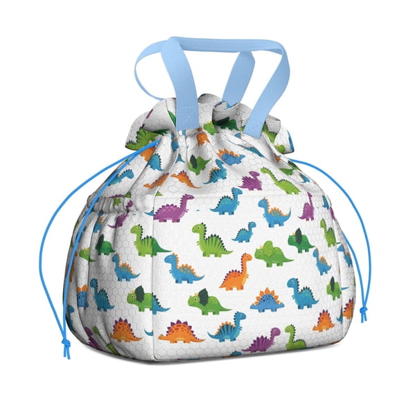 White Dinosaurs Pattern Drawstring Lunch Bag Women - Drawstring Lunch Bag Insulated for Work Office - Stain-Resistant Large Lunchbags for Women with Multi-Pockets