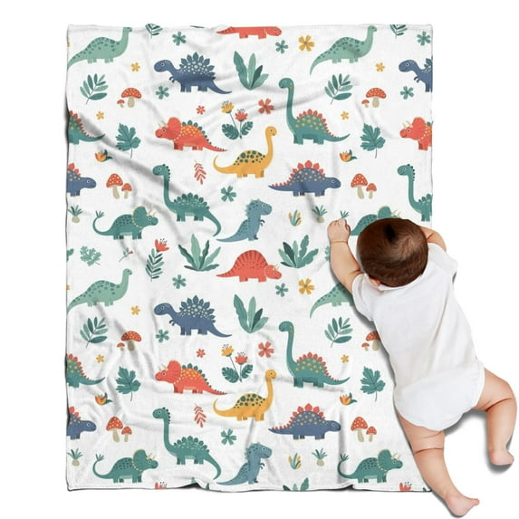 White Dinosaurs Plants Mushrooms Pattern Blanket,Comfortable Soft Flannel Throw Blanket,All Season,Warm Lightweight Blankets for Sofa Bed Couch Living Room Chair,30"x40"