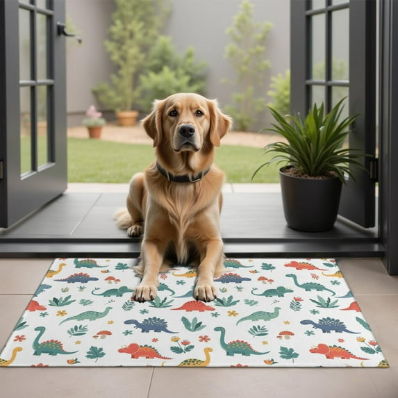 White Dinosaurs Plants Mushrooms Pattern Door Rugs,Washable Non Slip Door Mats Indoor,Decorative Door Mats,Entry Mat Indoor for Entrance,Bedroom,Kitchen,Bathroom,20"x32"