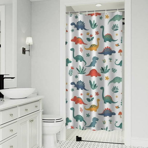 White Dinosaurs Plants Mushrooms Pattern Shower Curtain 36"x72" ,Bathroom Decorative Shower Curtains Set with 12 Hooks,Modern Waterproof Washable Shower Curtain