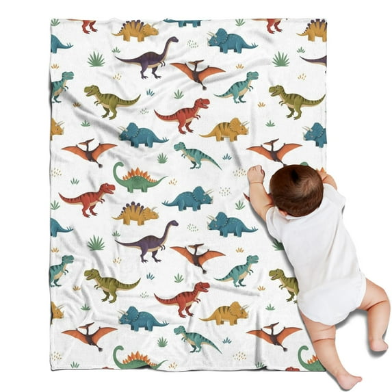 White Dinosaurs Pterosaurs Plants Pattern Blanket,Comfortable Soft Flannel Throw Blanket,All Season,Warm Lightweight Blankets for Sofa Bed Couch Living Room Chair,30"x40"