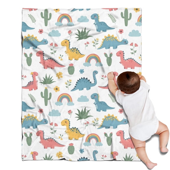 White Dinosaurs Rainbows Plants Pattern Blanket,Comfortable Soft Flannel Throw Blanket,All Season,Warm Lightweight Blankets for Sofa Bed Couch Living Room Chair,30"x40"
