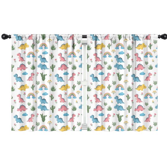 White Dinosaurs Rainbows Plants Pattern Insulated Teens Curtains Set Of 2, Bedroom Essentials, Toddler Room Decor 42"x54"