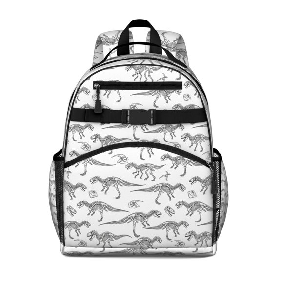 White Dinosaurs Skeletons Pattern Backpack for School,Cute School Bag,Schoolbag with Adjustable Shoulder Straps & Padded Back,15.25"x11.5"x5.25"