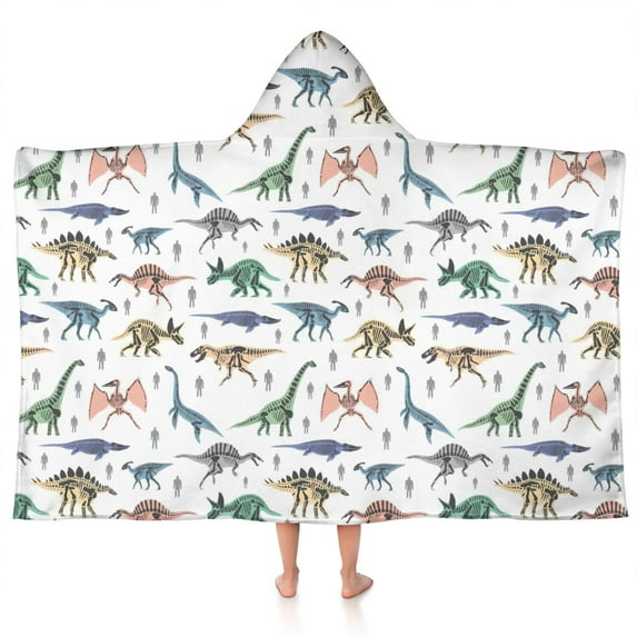 White Dinosaurs Skeletons Pattern Hooded Bath Towel,50"x30" for Ages 3 To 12 Kids, Quick Dry Lightweight Soft Microfiber Hood Beach Towel Cover Up for Kids