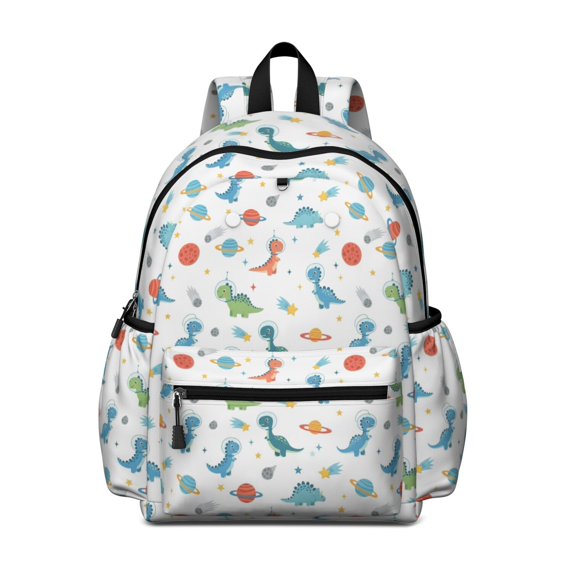 White Dinosaurs Space Pattern Cute School Backpack with Padded Back and Adjustable Shoulder Straps 13.4"x11"x4.7"