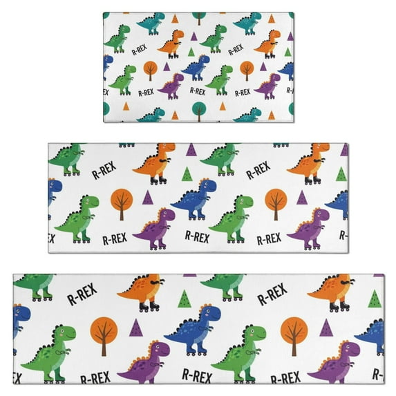 White Dinosaurs Trees Text Pattern Kitchen Rugs Sets Of 3,Kitchen Runner Rugs Non Skid Washable,Decorative Kitchen Floor Mats for Kitchen,Sink,Laundry,17"x30"+ 17"x47" + 17"x59"