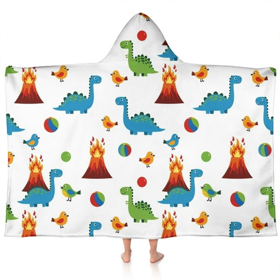 White Dinosaurs Volcanoes Birds Pattern Hooded Bath Towel,60"x35" for Ages 3 To 12 Kids, Quick Dry Lightweight Soft Microfiber Hood Beach Towel Cover Up for Kids