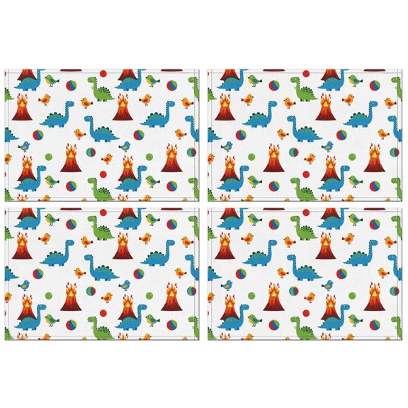 White Dinosaurs Volcanoes Birds Pattern Summer Placemats Table Placemats Set Of 4-Linen Kitchen Washable Placemats Table Mats 11.8"x17.7" Non-Slip Heat Resistant