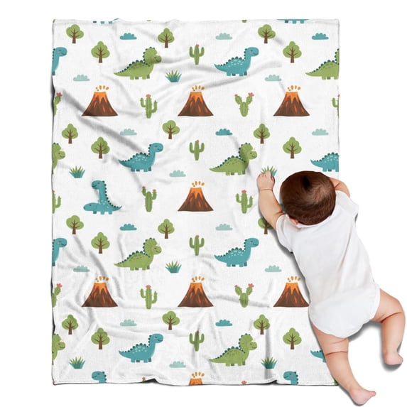 White Dinosaurs Volcanoes Cacti Pattern Blanket,Comfortable Soft Flannel Throw Blanket,All Season,Warm Lightweight Blankets for Sofa Bed Couch Living Room Chair,30"x40"