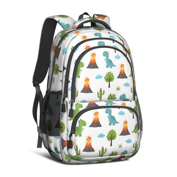 White Dinosaurs Volcanoes Cacti Pattern Cute School Backpack Bag with Padded Back and Adjustable Shoulder Straps 16.9 X 12.6 X 5.9 Inches