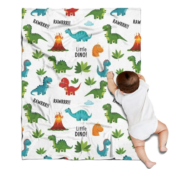 White Dinosaurs Volcanoes Leaves Pattern Blanket,Comfortable Soft Flannel Throw Blanket,All Season,Warm Lightweight Blankets for Sofa Bed Couch Living Room Chair,30"x40"