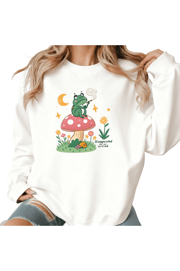 White Disappointed But Not Surprised Frog Print Sweatshirt Graphic Sweatshirt Cottagecore Aesthetic Shirts For Women Men Casual Daily Tops S-3XL