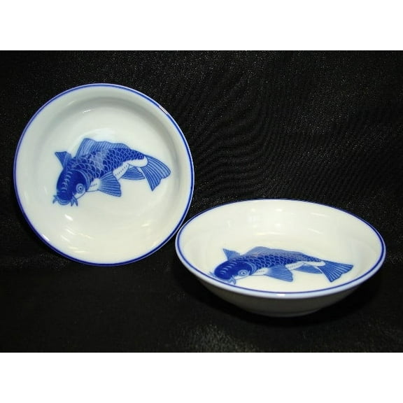 4 Pcs of White Dish with Blue Fish Picture