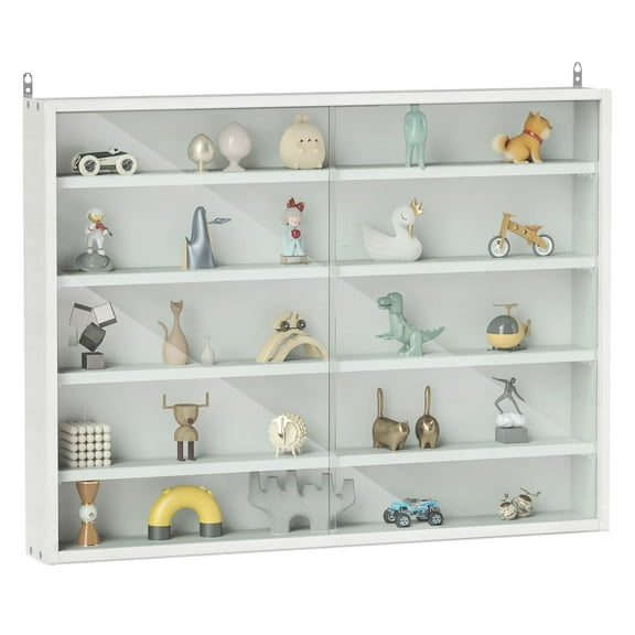 White Display Cabinet with Glass Doors, Wall Mounted - 5 Tier Adjustable Shelves for Collectibles, Figurines, Home Decor