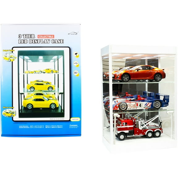 White Display Showcase Desktop 3-Tier with Two Adjustable Shelves and LED Lights White for 1/18 1/24 1/32 1/43 1/64 Scale Models